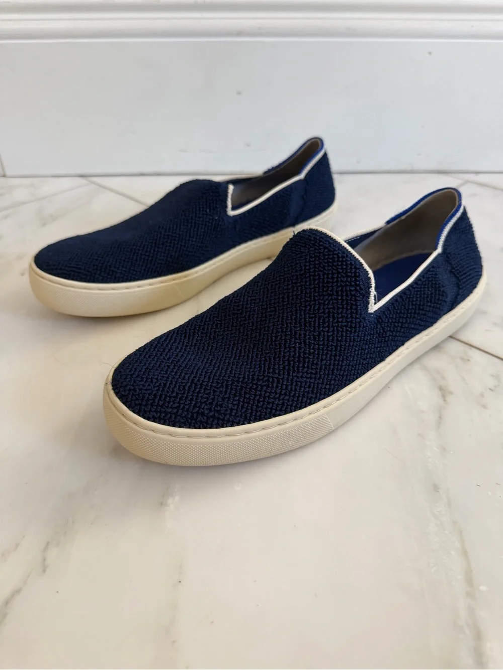 Rothy’s Women’s 9 Navy Blue Knit Flat Loafers with mint accents off white soles